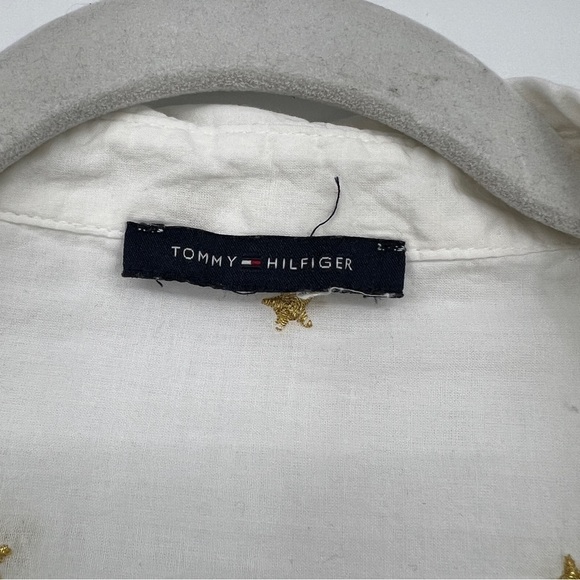 Tommy Hilfiger Gold Star Embroidered Long Sleeve Collared Sheer White Blouse - Picture 3 of 14